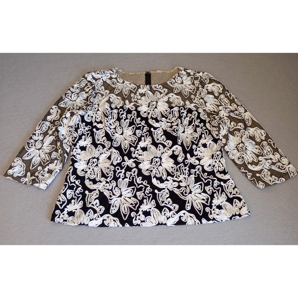 Alex Evenings Women's Embroidered Soutache Floral Tulle Blouse Black White Lg?
